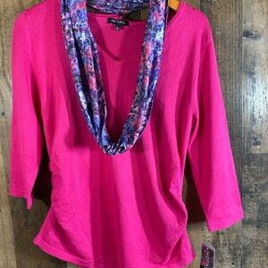Notations Women Lightweight Sweater With Floral Scarf Sz L Fuchsia Crushed Sides